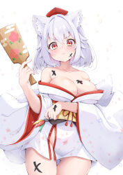Rule 34 | 1girl, animal ear fluff, animal ears, blush, breasts, cleavage, closed mouth, collarbone, cowboy shot, grey hair, hagoita, hair between eyes, hat, holding, inubashiri momiji, japanese clothes, kimono, large breasts, long sleeves, obi, paddle, red eyes, red hat, rururiaru, sash, short hair, simple background, solo, tail, tokin hat, touhou, white background, white kimono, wide sleeves, wolf ears, wolf tail