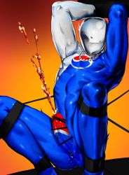 Rule 34 | blue bodysuit, bodysuit, bulge, chain, chain necklace, cum, ejaculation, erection, erection under clothes, gradient background, highres, jewelry, limited palette, male focus, necklace, orange background, pepsi, pepsiman, simple background, skin tight, soda, solo, spread legs, squatting, susume yagisawa, toned, toned male, white bodysuit