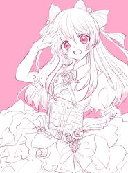 Rule 34 | 1girl, blush, chaos marie (grimms notes), cleavage cutout, clothing cutout, dress, flowinghope, frills, grimms notes, hair ribbons, hair spread out, highres, jewelry, long hair, monochrome, necklace, open mouth, pendant, pink background, puffy short sleeves, puffy sleeves, short sleeves, simple background, sketch, solo