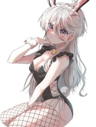 Rule 34 | 1girl, ahoge, animal ears, bell, between legs, black leotard, blush, breasts, cleavage, commentary request, cropped legs, cross-laced clothes, fake animal ears, fake tail, fishnet thighhighs, fishnets, frilled hairband, frills, grey eyes, grey hair, gundam, gundam suisei no majo, hair between eyes, hairband, hand between legs, hand up, highres, jingle bell, korean commentary, leotard, looking at viewer, medium breasts, miorine rembran, neck bell, newda al, playboy bunny, rabbit ears, rabbit tail, simple background, solo, tail, thighhighs, white background, white wrist cuffs, wrist cuffs
