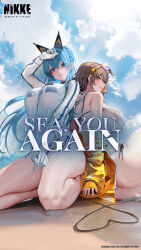 Rule 34 | 1girl, ahoge, anis (nikke), anis (sparkling summer) (nikke), ass, blue eyes, blue hair, blush, braid, breasts, brown hair, goddess of victory: nikke, helm (aqua marine) (nikke), helm (nikke), highres, huge breasts, jacket, large breasts, long hair, looking at viewer, official alternate costume, official art, short hair, swimsuit, tagme, thick thighs, thighs, wet