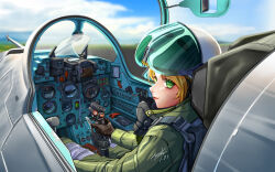 Rule 34 | 1girl, absurdres, aircraft, airplane, blonde hair, close-up, cockpit, controller, dated, green eyes, green jumpsuit, gunsight, highres, holding, holding stick, hunk03, jet, joystick, jumpsuit, looking at viewer, mask, military vehicle, on chair, open cockpit, oxygen mask, pilot, pilot helmet, pilot suit, sideways glance, signature, sitting, solo, stick, su-25, unworn mask, war thunder