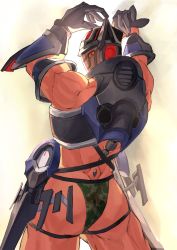 Rule 34 | 1boy, algernon (housamo), alternate costume, armor, ass, bara, bellsaltr, colored sclera, gloves, helmet, highres, jockstrap, large hands, looking at viewer, male focus, male underwear, muscular, red eyes, revealing clothes, solo, standing, thick thighs, thighs, tokyo houkago summoners, toned, toned male, underwear, yellow sclera