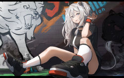 Rule 34 | 1girl, adapted costume, ahoge, alternate costume, animal ears, black footwear, black nails, black shirt, black shorts, breasts, brick wall, commentary, cross-laced footwear, ear piercing, full body, glint, graffiti, grey eyes, hair between eyes, highres, hololive, ina (inadiary), jewelry, letterboxed, lion ears, lion girl, lion tail, long hair, looking at viewer, medium breasts, nail polish, necklace, paint can, piercing, shirt, shishiro botan, shoes, short shorts, short sleeves, shorts, silver hair, sitting, sneakers, socks, solo, spray can, spray paint, spread legs, sweatband, tail, tongue, tongue out, virtual youtuber, white socks, wristband