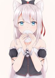 Rule 34 | 1girl, absurdres, azur lane, bare shoulders, beige background, black bow, blue eyes, bow, covering own mouth, hair bow, hair ribbon, hammann (azur lane), highres, long hair, looking at viewer, red ribbon, ribbon, solo, taka-chan, white hair