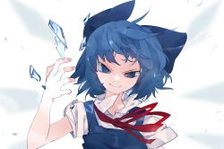 Rule 34 | 1girl, blue bow, blue dress, blue eyes, blue hair, bow, cirno, dress, grin, hair bow, highres, ice, ice wings, ikurauni, puffy short sleeves, puffy sleeves, ribbon, short hair, short sleeves, simple background, smile, solo, teeth, touhou, upper body, white background, wings