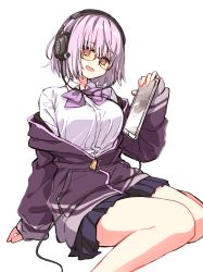 Rule 34 | 10s, 1girl, black skirt, bow, bowtie, breasts, collared shirt, commentary request, dress shirt, glasses, gridman universe, headphones, highres, holding, jacket, large breasts, light purple hair, long sleeves, looking at viewer, matsuda hikari, off shoulder, open clothes, open jacket, open mouth, pleated skirt, purple jacket, school uniform, shinjou akane, shirt, short hair, simple background, sitting, skirt, sleeves past wrists, smile, solo, ssss.gridman, tablet pc, white background, white shirt, zipper pull tab