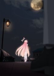Rule 34 | 1girl, ahoge, bench, blue archive, braid, commentary request, cyelho, from behind, full body, full moon, halo, hanako (blue archive), long hair, moon, night, outdoors, pink hair, pink halo, single braid, solo, standing