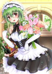 Rule 34 | 1girl, :d, arch, basket, black bow, black dress, bottle, bouquet, bow, brown eyes, dated, dress, elbow gloves, flower, food, fruit, gloves, grapes, hair between eyes, hal (harun), highres, holding, holding flower, lina (sennen sensou aigis), maid, maid headdress, open mouth, pointy ears, sennen sensou aigis, smile, solo, standing, white gloves, wine bottle