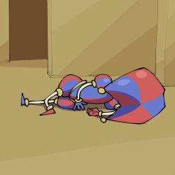 Rule 34 | back, family guy, family guy death pose (meme), floor, full body, glitch productions, hat, highres, jester, jester cap, loyal cloud, meme, parody, pomni (the amazing digital circus), sad, simple background, the amazing digital circus