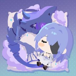 Rule 34 | 1girl, black bandages, blue background, blue hair, blush, brown footwear, chibi, closed eyes, commentary, eyepatch, gradient background, hecate (path to nowhere), long hair, monster, nightmare (path to nowhere), no lineart, one eye covered, path to nowhere, purple background, sappazell, shirt, skirt, sleeping, solo, symbol-only commentary, white shirt, white skirt