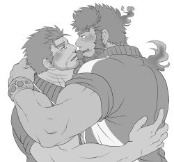 Rule 34 | 2boys, arm around shoulder, bara, beard, blush, couple, eye contact, facial hair, fins, fire, fish boy, from side, greyscale, hand on another&#039;s back, imminent kiss, jacket, jinn (housamo), looking at another, male focus, mature male, monochrome, multiple boys, muscular, muscular male, short hair, sideburns, sleeves rolled up, stubble, sunfight0201, tokyo houkago summoners, track jacket, triton (housamo), unibrow, upper body, yaoi