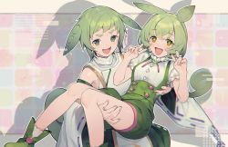 Rule 34 | 1boy, 1girl, animal ears, blush, carrying, commentary request, detached sleeves, double v, fang, green eyes, green footwear, green hair, green shorts, hair between eyes, high-waist shorts, highres, japanese clothes, looking at viewer, open mouth, orange eyes, pea pod, personification, ribbon-trimmed sleeves, ribbon trim, shirinda fureiru, short hair, short sleeves, shorts, skin fang, socks, sparkle, star-shaped pupils, star (symbol), suspender shorts, suspenders, symbol-shaped pupils, tail, v, voiceroid, white legwear, zundamon