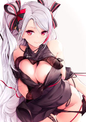 Rule 34 | 1girl, alternate costume, antenna hair, azumi akitake, azur lane, bare shoulders, black dress, blush, bow, breasts, cleavage, clothes pull, dress, dress pull, gloves, groin, hair between eyes, hair bow, jewelry, large breasts, long hair, looking at viewer, lying, multicolored hair, necklace, on side, panties, panty pull, prinz eugen (azur lane), prinz eugen (cordial cornflower) (azur lane), pulling own clothes, red eyes, red hair, silver hair, solo, streaked hair, swept bangs, thigh strap, thighs, two side up, underwear, very long hair