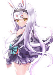 Rule 34 | 1girl, absurdres, ass, azur lane, blunt bangs, choker, classic (zildjian33), commentary, from behind, highres, long hair, long sleeves, looking at viewer, looking back, off shoulder, pleated skirt, revision, shimakaze (azur lane), sidelocks, simple background, skirt, smile, solo, thick eyebrows, white background, white hair, wind, yellow eyes