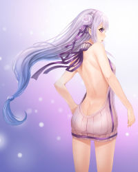 Rule 34 | 10s, 1girl, arm at side, ass, back, back focus, backless dress, backless outfit, bad id, bad pixiv id, bare back, bare shoulders, braid, breasts, butt crack, cowboy shot, crown braid, dimples of venus, dress, emilia (re:zero), female focus, fingernails, flower, from behind, hair flower, hair ornament, hair ribbon, halterneck, hand on own hip, highres, long hair, looking at viewer, looking back, low-tied long hair, lunacle, meme attire, naked sweater, no bra, no panties, open mouth, profile, purple dress, purple eyes, purple flower, purple ribbon, purple rose, purple sweater, re:zero kara hajimeru isekai seikatsu, ribbed sweater, ribbon, rose, serious, shoulder blades, small breasts, solo, sweater, sweater dress, turtleneck, turtleneck sweater, very long hair, virgin killer sweater