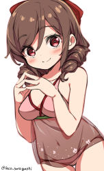 Rule 34 | 1girl, bikini, bow, breasts, brown hair, commentary request, cowboy shot, drill hair, fingers together, hair bow, harukaze (kancolle), kantai collection, laco soregashi, long hair, looking at viewer, lowleg, lowleg bikini, medium breasts, one-hour drawing challenge, pink bikini, red bow, red eyes, simple background, solo, swimsuit, twin drills, white background