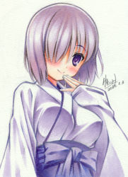 Rule 34 | 1girl, alternate costume, blush, breasts, dated, fate/grand order, fate (series), hair over one eye, hand on own face, japanese clothes, kimono, large breasts, looking at viewer, mash kyrielight, purple eyes, purple hair, short hair, signature, smile, solo, yuto cafe