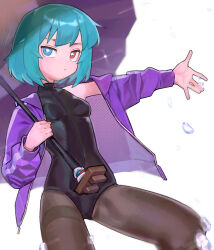 Rule 34 | 1girl, absurdres, black leotard, black pantyhose, blue eyes, blue hair, breasts, closed mouth, commission, hetero, heterochromia, highres, holding, holding umbrella, jacket, leotard, long sleeves, looking at viewer, open clothes, open jacket, pantyhose, purple jacket, red eyes, saaal653, short hair, simple background, small breasts, solo, sparkle, tatara kogasa, touhou, umbrella, water drop, white background