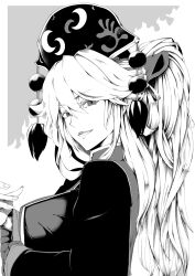 Rule 34 | 1girl, breasts, crescent print, from side, greyscale, grin, highres, junko (touhou), kikoka (mizuumi), large breasts, long hair, long sleeves, looking at viewer, monochrome, phoenix crown, pom pom (clothes), portrait, smile, solo, touhou, wide sleeves