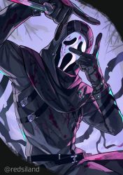 Rule 34 | 1boy, akagi (redsiland), arms up, artist name, belt, black gloves, black hoodie, blood, blood on clothes, bloody knife, danny johnson, dead by daylight, double v, ghostface, ghostface, gloves, highres, holding, holding knife, hood, hoodie, knife, mask, scream (movie), v, weapon