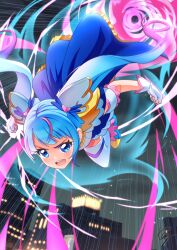 Rule 34 | 1girl, absurdres, ahoge, artist name, blue cape, blue dress, blue eyes, blue footwear, blue hair, boots, building, cape, clenched hands, commentary, cure sky, cut bangs, detached sleeves, dress, earclip, energy, fingerless gloves, flying, fringe trim, frown, gloves, highres, hirogaru sky! precure, long hair, magical girl, motion lines, multicolored hair, night, night sky, open mouth, outdoors, pink hair, precure, puffy sleeves, signature, single sidelock, sky, solo, sora harewataru, streaked hair, thighhighs, tirofinire, twintails, very long hair, white gloves, white thighhighs, wing hair ornament