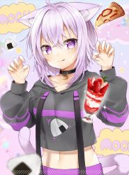 Rule 34 | 1girl, ahoge, animal collar, animal ear fluff, animal ears, black hoodie, blue hair, blurry, blurry foreground, blush, cat ears, cat girl, cat tail, claw pose, closed mouth, collar, collarbone, commentary request, crossed bangs, cup, food, food on face, fruit, hair between eyes, hands up, highres, hololive, hood, hoodie, ice cream, licking lips, long sleeves, medium hair, messy hair, midriff, navel, nekomata okayu, nekomata okayu (1st costume), onigiri, onigiri print, pizza, purple eyes, ryura (negi-mamire), sidelocks, smile, solo, speech bubble, standing, strawberry, tail, tongue, tongue out, upper body, virtual youtuber