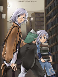 Rule 34 | 00s, 1boy, 1girl, androgynous, bespectacled, book, bookshelf, brother and sister, genius sage, glasses, hidematsu (fsc), library, raine sage, siblings, silver hair, tales of (series), tales of symphonia
