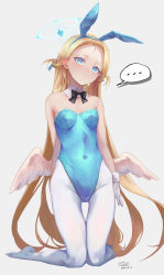 Rule 34 | 1girl, bad id, bad pixiv id, bare shoulders, blonde hair, blue archive, blush, breasts, cameltoe, forehead, halo, highres, kneeling, leotard, long hair, looking at viewer, pantyhose, parted bangs, playboy bunny, resolution mismatch, small breasts, solo, sora (blue archive), source larger, taino kou, thighs