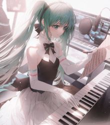 Rule 34 | 1girl, absurdres, bare shoulders, black bow, blurry, blurry background, bow, breasts, commentary request, dress, dress bow, elbow gloves, frills, gloves, green eyes, green hair, hair ornament, hatsune miku, highres, holding, holding paper, indoors, instrument, lo-ta, long hair, microphone, miku symphony (vocaloid), on bench, paper, piano, piano bench, pop filter, sheet music, sitting, small breasts, smile, solo, studio microphone, twintails, very long hair, vocaloid, white gloves