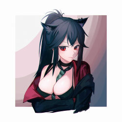 Rule 34 | 1girl, animal ear fluff, animal ears, arknights, between breasts, bikini, bikini top only, bikini under clothes, black bikini, black choker, black hair, black jacket, breasts, choker, cleavage, closed mouth, extra ears, gradient background, green necktie, highres, jacket, large breasts, long hair, long sleeves, looking at viewer, necktie, necktie between breasts, off shoulder, official alternate costume, open clothes, open jacket, open shirt, ponytail, red eyes, red shirt, shirt, smile, striped necktie, swimsuit, texas (arknights), texas (willpower) (arknights), upper body, wolf ears, zoffyshiniki