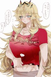 Rule 34 | 1girl, abs, absurdres, blonde hair, blush, breasts, buster shirt, cleavage, collarbone, barghest (fate), fate/grand order, fate (series), green eyes, highres, horns, large breasts, long hair, navel, open mouth, red shirt, shirt, short sleeves, solo, speech bubble, touwa, translation request