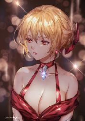 Rule 34 | 1girl, alternate costume, bare shoulders, blonde hair, blurry, blurry background, bow, breasts, choker, cleavage, cocktail dress, collarbone, commentary request, dress, earrings, gem, granblue fantasy, hair between eyes, hair bow, hair up, halterneck, highres, jewelry, large breasts, michudx, red dress, red eyes, red lips, red ribbon, ribbon, updo, vira (granblue fantasy)