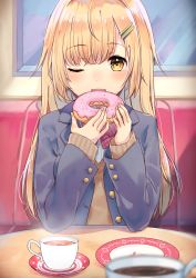 Rule 34 | 1girl, blazer, blonde hair, blurry, blush, cona kinaco, cup, depth of field, doughnut, fangs, food, hair ornament, hairclip, heart, heart-shaped pupils, highres, holding, holding food, jacket, long hair, long sleeves, looking at viewer, one eye closed, open clothes, open jacket, open mouth, original, pink neckwear, plaid neckwear, plate, saucer, school uniform, sitting, solo, steam, sweater, symbol-shaped pupils, table, teacup, yellow eyes