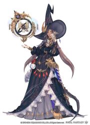 Rule 34 | 1girl, 2010, 2014, :o, artifact, artist request, astrologian (final fantasy), black dress, bracelet, breasts, brown eyes, brown hair, card, dress, facial mark, final fantasy, gold, hat, jewelry, large breasts, lips, long hair, long hat, moon (symbol), orb, ring, skirt, source request, square enix, sun symbol, tail, witch hat