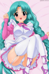 Rule 34 | 1girl, absurdres, apron, aqua hair, braid, breasts, canal vorfeed, commentary request, dress, facial mark, feet out of frame, forehead mark, frilled apron, frills, garter straps, green hair, highres, large breasts, long hair, looking at viewer, lost universe, lying, necktie, panties, pink dress, purple eyes, purple footwear, purple thighhighs, smile, solo, sugimura tomokazu, thighhighs, twin braids, underwear, white apron, white panties
