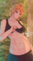 Rule 34 | 1girl, bare shoulders, black clover, breasts, closed mouth, green eyes, highres, large breasts, melaniedulce 4, mereoleona vermillion, muscular, muscular female, short hair, smile, sports bikini, tagme, tree