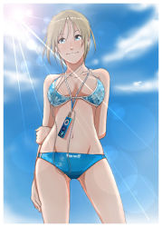 Rule 34 | 1girl, arms behind back, bikini, blonde hair, blue bikini, blue eyes, blue sky, breasts, cleavage, cloud, commentary request, day, digital media player, from below, groin, ipod, large breasts, looking at viewer, mrsy.ai, navel, short hair, sky, smile, solo, standing, summer, sun, swimsuit
