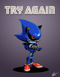 Rule 34 | 1boy, animal ears, armor, blue armor, crossed arms, english text, fake animal ears, glowing, glowing eyes, highres, joints, looking to the side, metal sonic, no humans, pointy nose, red eyes, red footwear, robot, robot joints, simple background, solo, sonic (series), tyler mcgrath