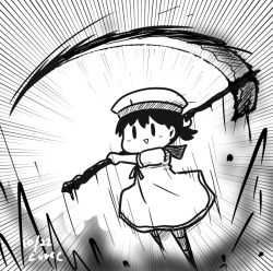 Rule 34 | 1girl, chibi, curse (023), dress, greyscale, hat, hiburi (kancolle), kantai collection, looking at viewer, low ponytail, monochrome, running, sailor collar, sailor dress, sailor hat, scythe, short hair, short sleeves, solid oval eyes, solo, speed lines, triangle