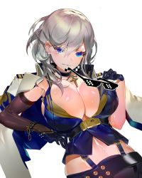 Rule 34 | 1girl, azur lane, black gloves, blue eyes, blush, breasts, choker, cross, cross necklace, deal with it (meme), gloves, hair between eyes, highres, j na, jewelry, large breasts, looking at viewer, meme, midriff, mole, mole on breast, navel, necklace, parted lips, short hair, silver hair, simple background, smile, solo, sunglasses, washington (azur lane), white background