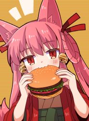 Rule 34 | 1girl, animal ears, bell, burger, commentary request, eating, food, fox ears, fox girl, green sash, hair ornament, hair ribbon, hair rings, hands up, haori, highres, holding, holding food, jacket, japanese clothes, jingle bell, kimono, light blush, long hair, looking at viewer, notice lines, obi, original, red eyes, red jacket, red ribbon, ribbon, sash, solo, striped background, two side up, upper body, white kimono, yukinagi