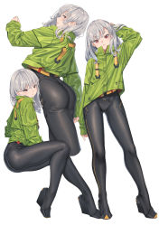 Rule 34 | 1girl, arm at side, arm up, ass, black bodysuit, black footwear, blunt bangs, bodysuit, breasts, commentary request, contrapposto, eyelashes, fangxiang cuoluan, from behind, from side, full body, gluteal fold, green jacket, hand on own head, hand up, high collar, high heels, highres, jacket, long hair, long sleeves, looking at viewer, looking back, multiple views, original, red eyes, sidelocks, simple background, sitting, skin tight, sleeves past wrists, spread legs, standing, thighs, white background, white hair, zipper