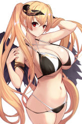 Rule 34 | 1girl, armlet, bare shoulders, bikini, black wings, blonde hair, blush, breasts, cleavage, collarbone, fallen angel, feathered wings, groin, hand in own hair, highres, horns, large breasts, long hair, looking at viewer, mole, mole on breast, multi-strapped bikini, navel, original, red eyes, simple background, skirt, solo, swimsuit, thighs, twintails, untue, very long hair, wet, wings