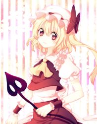 Rule 34 | 1girl, :3, bad id, bad pixiv id, blonde hair, blouse, collared shirt, female focus, flandre scarlet, hair between eyes, hat, laevatein, mob cap, red eyes, red wrist cuffs, riichu, shirt, side ponytail, smile, solo, standing, touhou, white background, white hat, white shirt, wrist cuffs