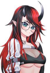Rule 34 | 1girl, arm strap, bikini, black bikini, black hair, blue eyes, blush, breasts, closed mouth, commentary, demon girl, demon horns, ear piercing, fishnet top, fishnets, glasses, grey-framed eyewear, highres, horns, jacket, jewelry, large breasts, long hair, looking at viewer, multicolored hair, nanashi inc., necklace, official alternate costume, outause, piercing, pointy ears, red hair, round eyewear, ryugasaki rene, ryugasaki rene (2nd costume), shrug (clothing), simple background, single sleeve, smile, solo, striped clothes, striped jacket, sugar lyric, swimsuit, two-tone hair, underboob, upper body, virtual youtuber, white background, white jacket