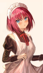 Rule 34 | 1girl, :o, apron, back bow, blue eyes, blush, bow, brown dress, commentary, dress, fuepo, hair between eyes, highres, hisui (tsukihime), juliet sleeves, long sleeves, looking at viewer, maid, maid apron, maid headdress, neck ribbon, open mouth, puffy sleeves, red hair, red ribbon, ribbon, short hair, simple background, skirt hold, solo, tsukihime, upper body, white apron, white background, white bow