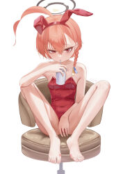 Rule 34 | 1girl, ahoge, animal ears, artist name, barefoot, blue archive, blush, braid, chair, collarbone, covered navel, drink, drinking, drinking straw, drinking straw in mouth, fake animal ears, hair between eyes, halo, highres, holding, holding drink, huge ahoge, leotard, long hair, mole, mole under eye, neru (blue archive), orange hair, rabbit ears, red eyes, red leotard, rryiup, signature, simple background, single braid, solo, strapless, strapless leotard, white background
