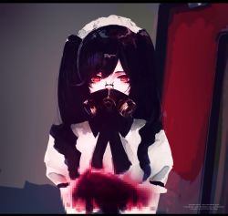 Rule 34 | 1girl, aoi ogata, black hair, black ribbon, censored, covered mouth, eyelashes, gas mask, glasses, glowing, glowing eyes, hands up, highres, indoors, long hair, looking at viewer, maid, maid headdress, mask, mosaic censoring, original, puffy short sleeves, puffy sleeves, red eyes, ribbon, shirt, short sleeves, solo, twintails, upper body, watermark, web address