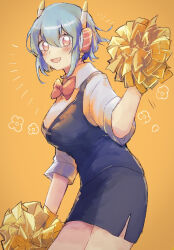 Rule 34 | 1girl, blue hair, blush, commentary request, highres, inkamuko, kura sushi, looking at viewer, oito (bowstringsmall), pom pom (cheerleading), red eyes, short hair, smile, solo, yellow background